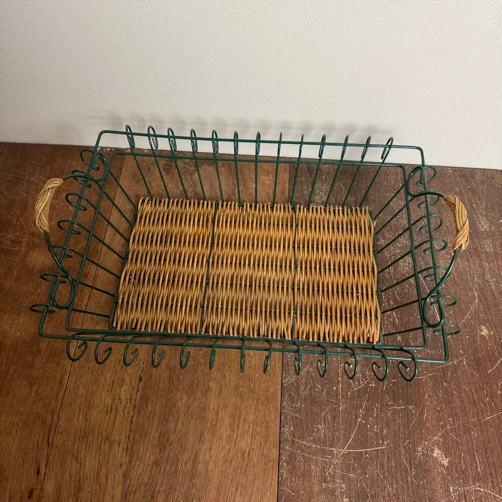 Vintage Green‎ Wire Basket with Woven Rattan Bottom and Handles 14.5x10.5